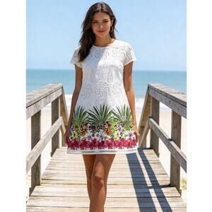 Desigual White Eyelet Sheath Dress Size 8 EU 42 Floral Design Vest Denver